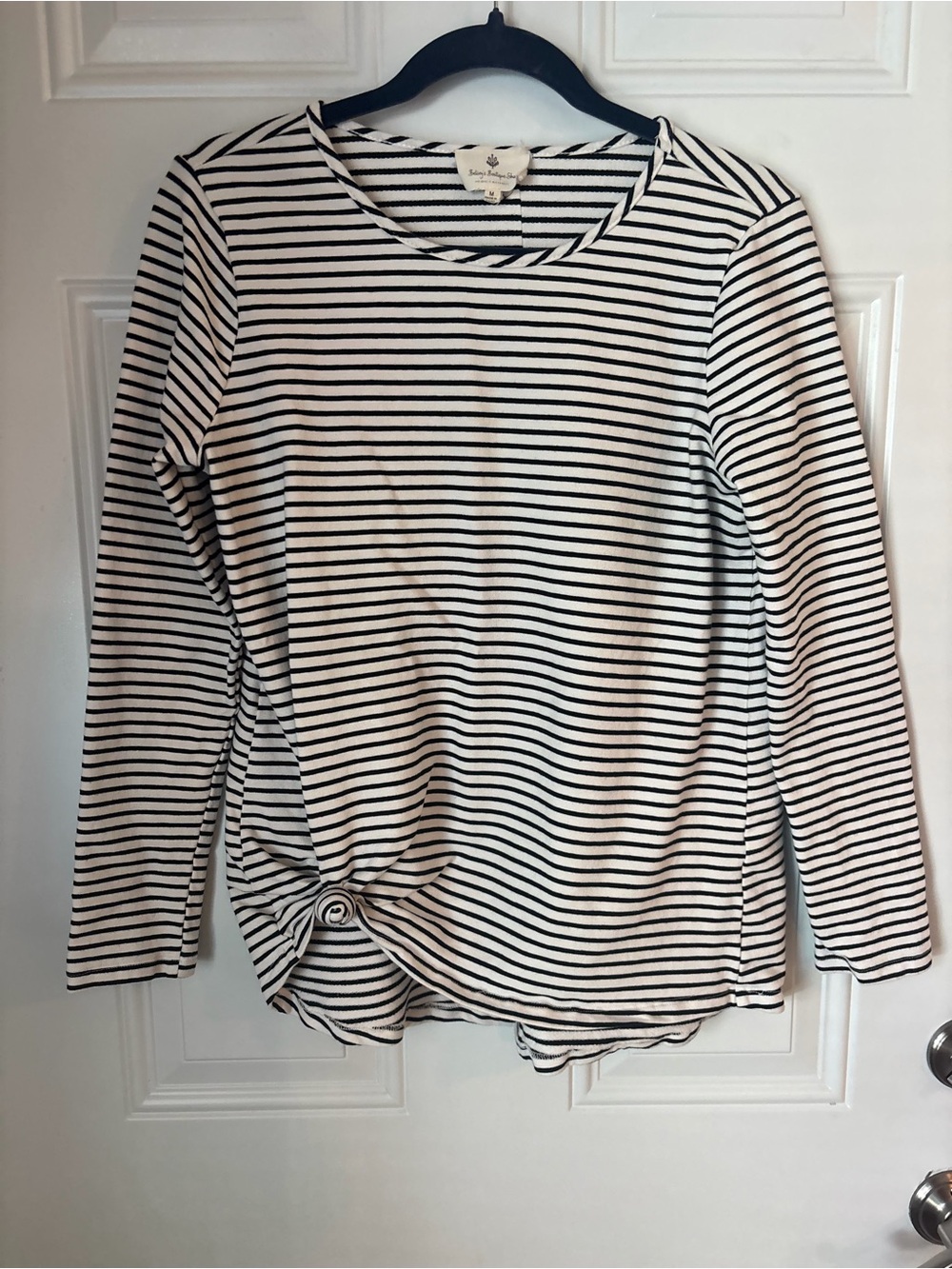 Striped Black & White Long-Sleeve Knot Hem Tee